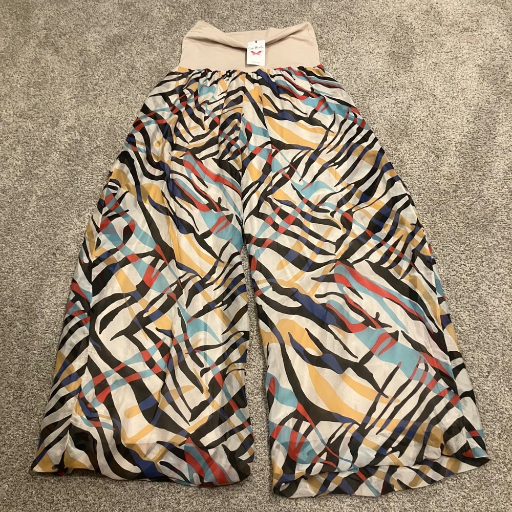 Gigi Moda Italy 100% Silk Abstract Zebra Print Wide Leg Palazzo Pants Small NWT